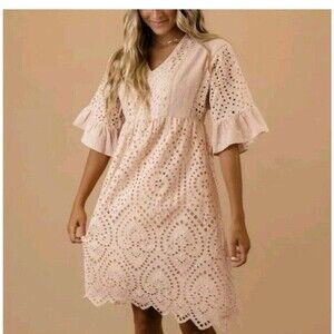 ROOLEE Womens Large Blush Pink Eyelet Lace Dress Falling for You Cotton